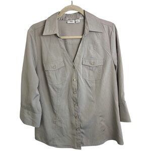 Cato Women's Tan Button-Up Blouse V-Neck 3/4 Sleeves with Cuff Pockets Size LG